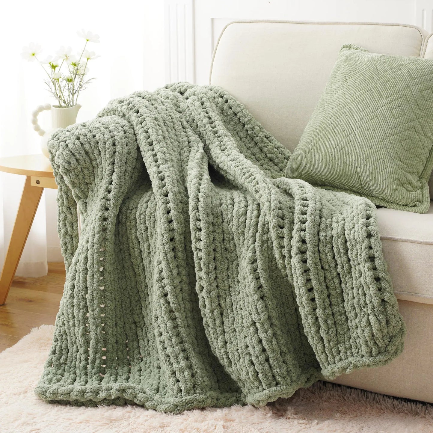 Battilo I Handmade Cable Knit Crochet Blanket, Spring Cozy Rope Knot Chunky Throw Blankets for Couch Home Decor,50"X60"