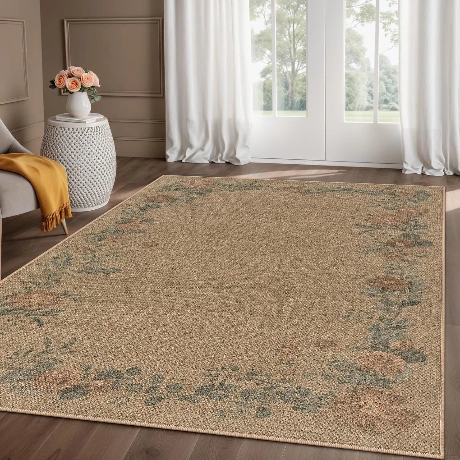Lahome Floral Easy Jute Indoor Outdoor Rug, Neutral Dining Room Classroom Rug Washable Area Rug for Living Room, Farmhouse Outdoor Patio Rug Non Slip Floor Carpet for Bedroom Office