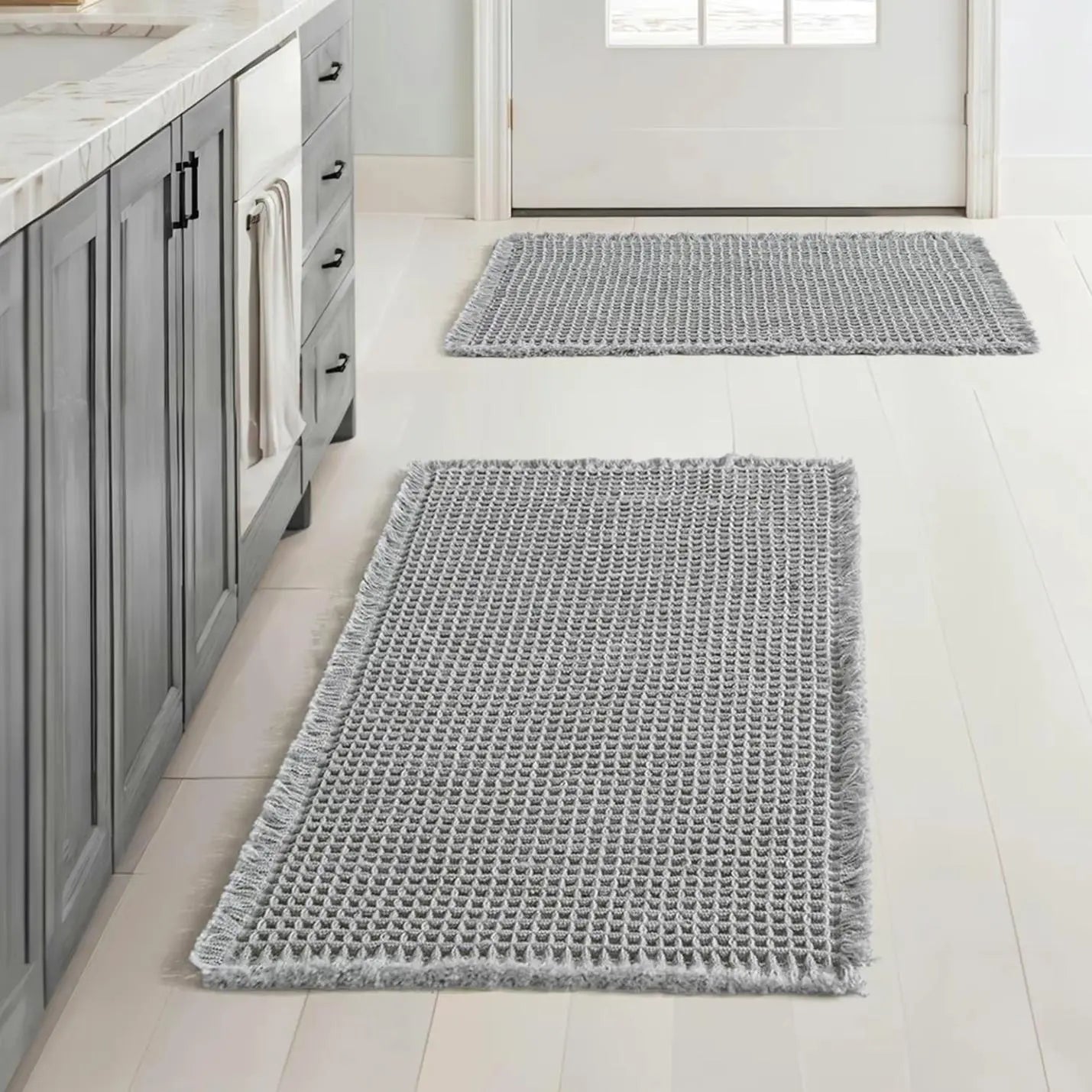 Grid Design Mat Set, 2 Counts/Set Non-Slip Rectangle Mat, Absorbent Rug for Home Hotel Bathroom Kitchen Decor, Bathroom Decorative Mat, Water Absorbent Rug