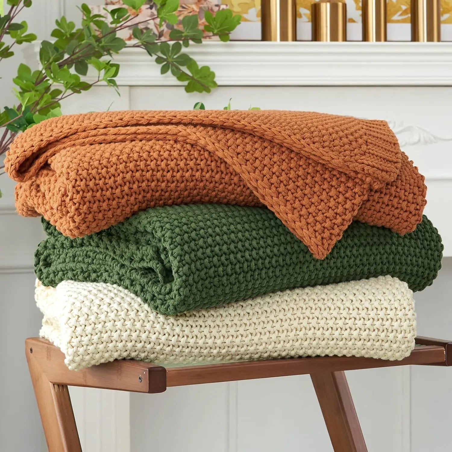Chunky Knit Throw Blanket Lightweight Beige Cotton Blanket for Sofa Couch Bed , Rustic Shabby Chic Modern Farmhouse, 51 X 63 Give Bag