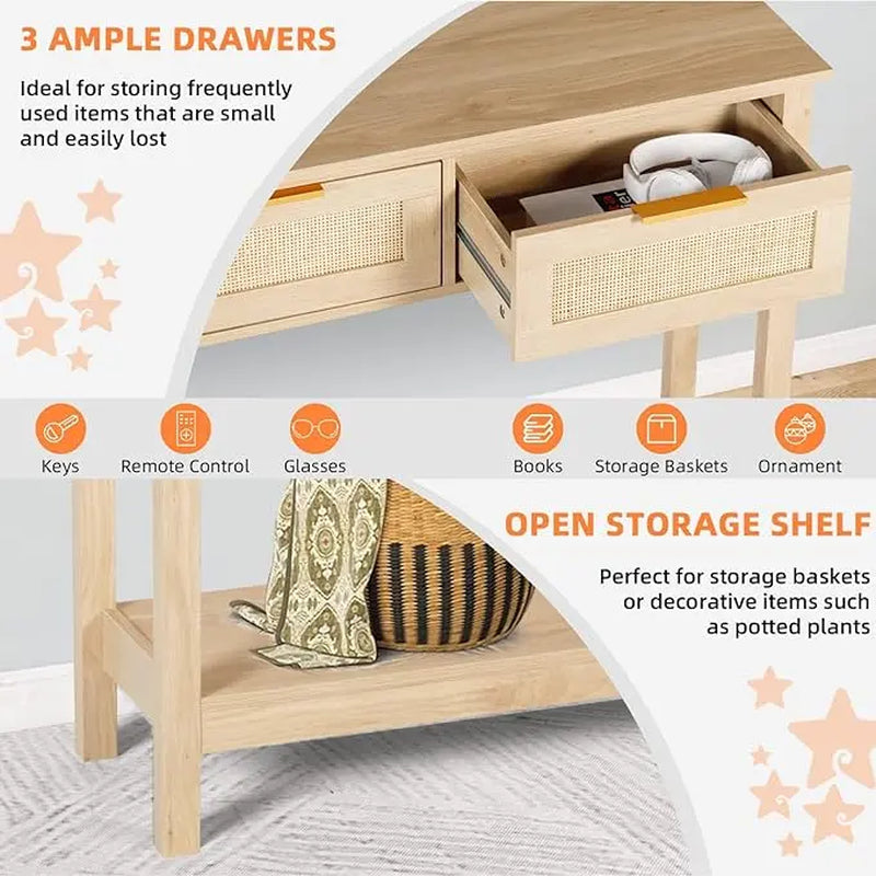 Rattan Console Table,Boho Entryway Table,Narrow Long Sofa Table,Hallway Foyer Table behind Couch Table with 3 Drawers, and Open Storage Shelf for Living Room and Corridor Furniture Home