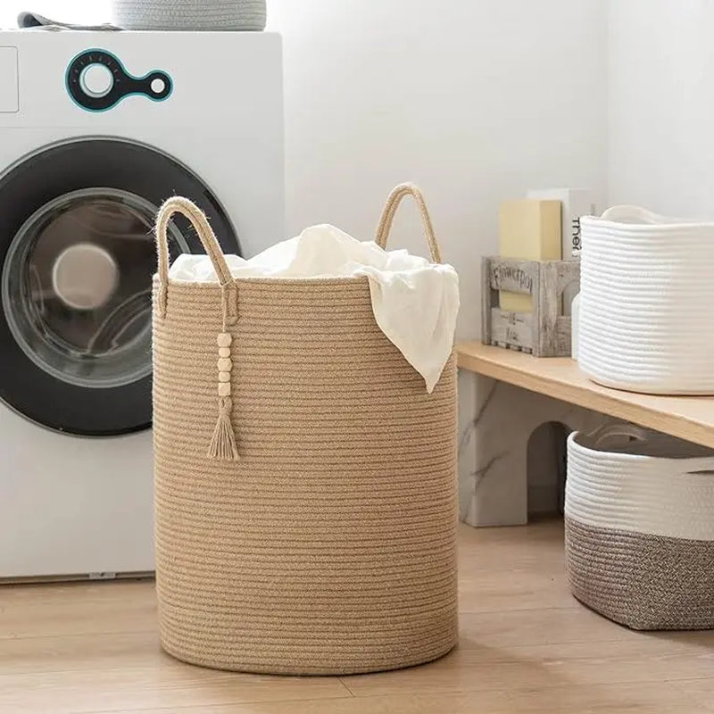 Goodpick Tall Wicker Laundry Basket with Handles, Boho Decorative Storage Basket for Living Room, Bedroom, Entryway, Bathroom, Large Woven Blanket Basket for Pillows, Towels, Shoes, Jute
