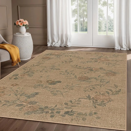 Lahome Floral Easy Jute Indoor Outdoor Rug, Neutral Dining Room Classroom Rug Washable Area Rug for Living Room, Farmhouse Outdoor Patio Rug Non Slip Floor Carpet for Bedroom Office
