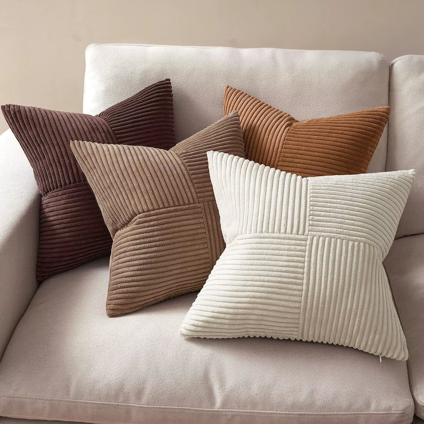 Brown Throw Pillow Covers 45X45Cm Boho Farmhouse Cushion Cases Neutral Gradient Corduroy Pillow Cases with Patchwork Home Decor