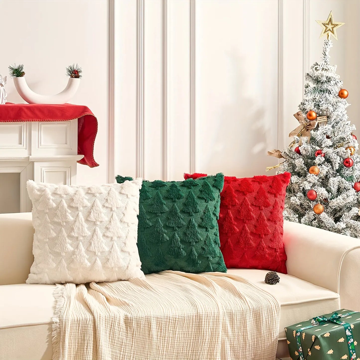 2 Pcs Christmas Tree Decorative Throw Pillow Covers Soft Fluffy Pillowcases for Home Décor Boho Pillow Covers for Couch Bedroom, Cushion Covers