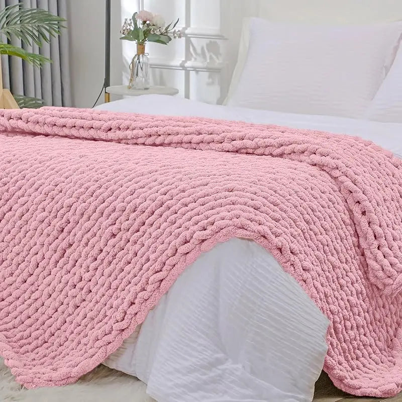 Chunky Knit Throw Blanket for Couch, 40X60 Inches, 100% Hand Knitted with Thick Jumbo Chenille Yarn, Cozy Soft Large Rope Knot Cable Crochet Blankets for Sofa Bed Living Room, Beige