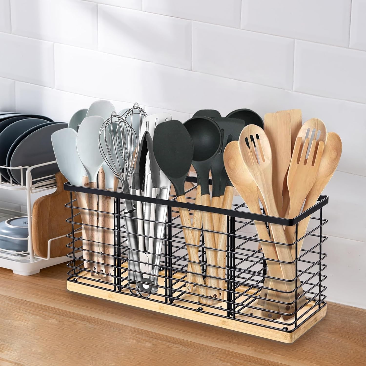 Extra Large Kitchen Utensil Holder with 4 Compartments， Matte Black Metal Holder with Wooden Base for Kitchen Countertop，Farmhouse Cooking Utensil Storage, Rustic Cooking Utensil
