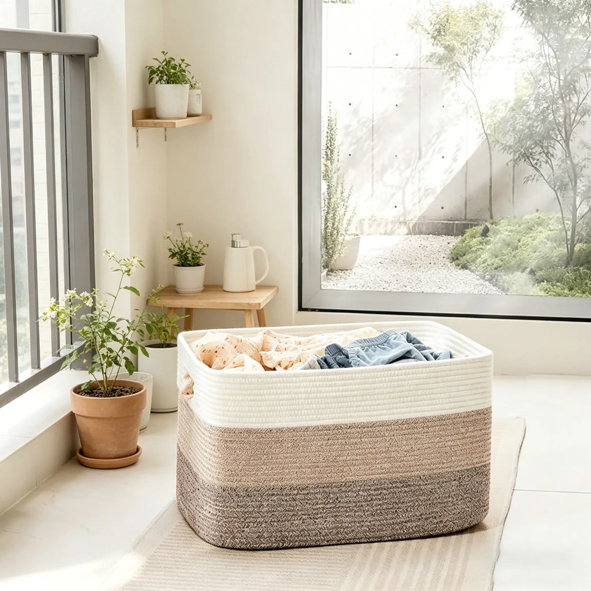Rectangular Woven Laundry Basket – Cotton Rope Storage Solution for Living Room, Clothes Organization with Handles, Ideal Mother's Day Gift – Gradient Brown