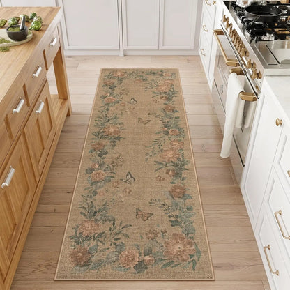 Lahome Floral Easy Jute Indoor Outdoor Rug, Neutral Dining Room Classroom Rug Washable Area Rug for Living Room, Farmhouse Outdoor Patio Rug Non Slip Floor Carpet for Bedroom Office