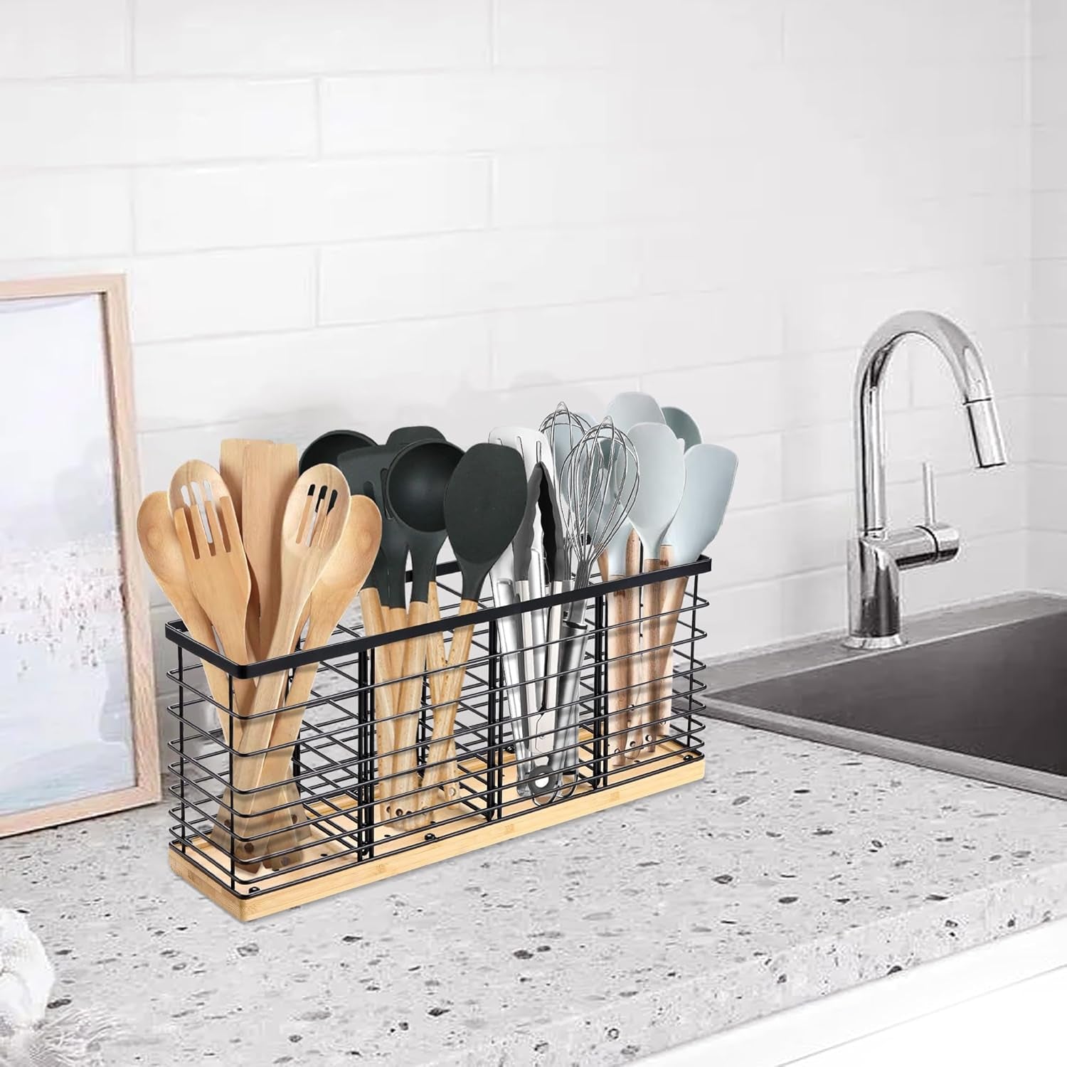 Extra Large Kitchen Utensil Holder with 4 Compartments， Matte Black Metal Holder with Wooden Base for Kitchen Countertop，Farmhouse Cooking Utensil Storage, Rustic Cooking Utensil