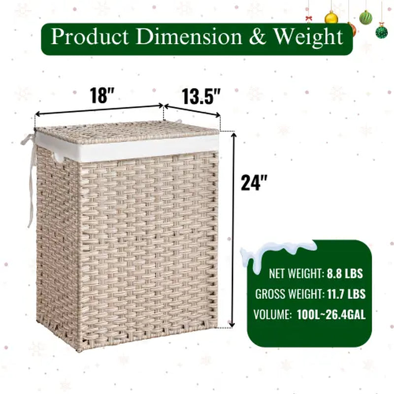 Laundry Hamper with Lid PE Rattan Powder Coating Frame Clothes Hampers with 01 Removable Bags, 100L, Bulldog Hitch Basket Storage Organize Furniture