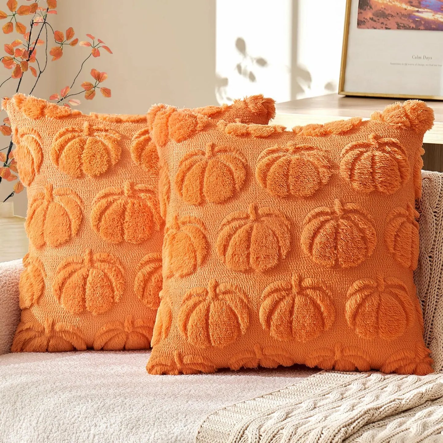 Set of 2 Fall Throw Pillow Covers 18X18 Pumpkin Design – Cozy Autumn Decor for Sofa, Couch & Porch
