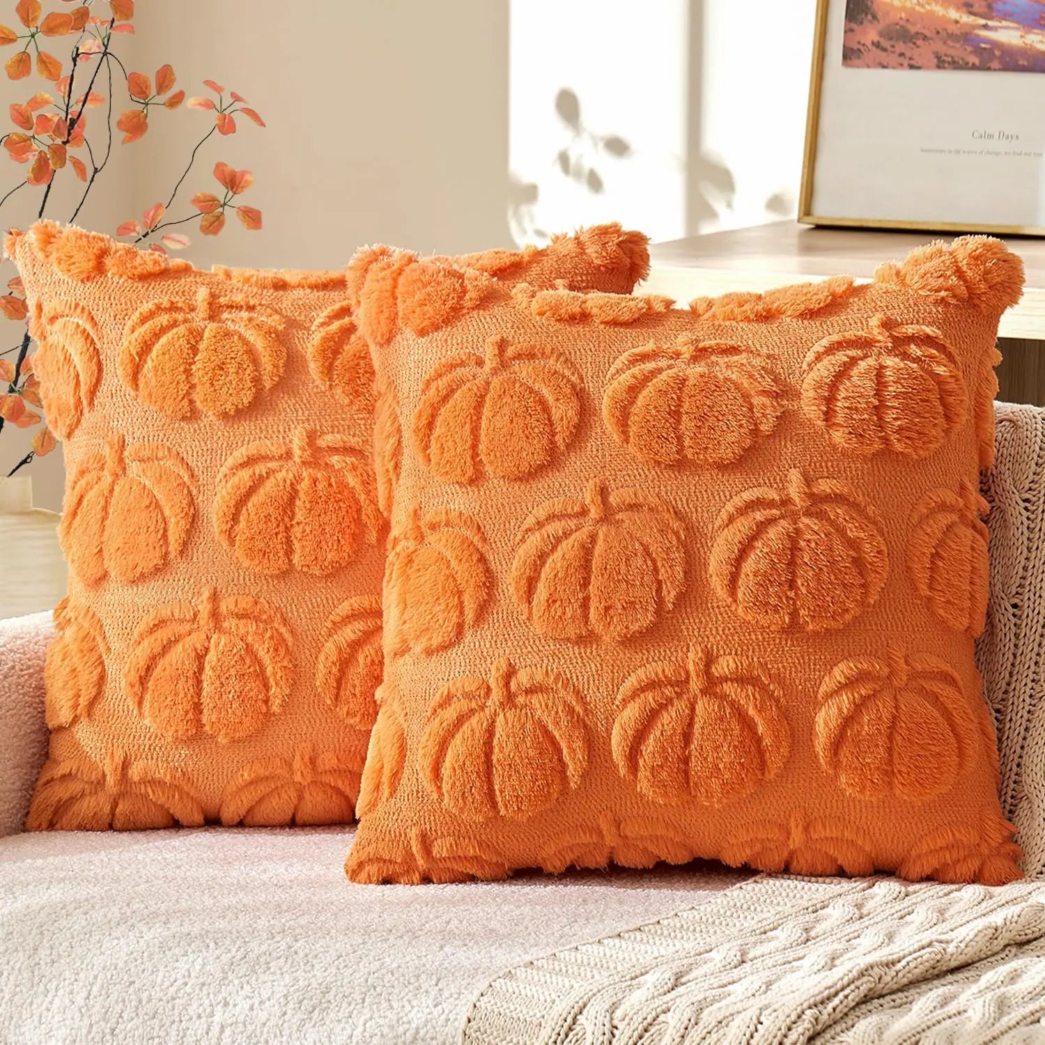 Set of 2 Fall Throw Pillow Covers 18X18 Pumpkin Design – Cozy Autumn Decor for Sofa, Couch & Porch