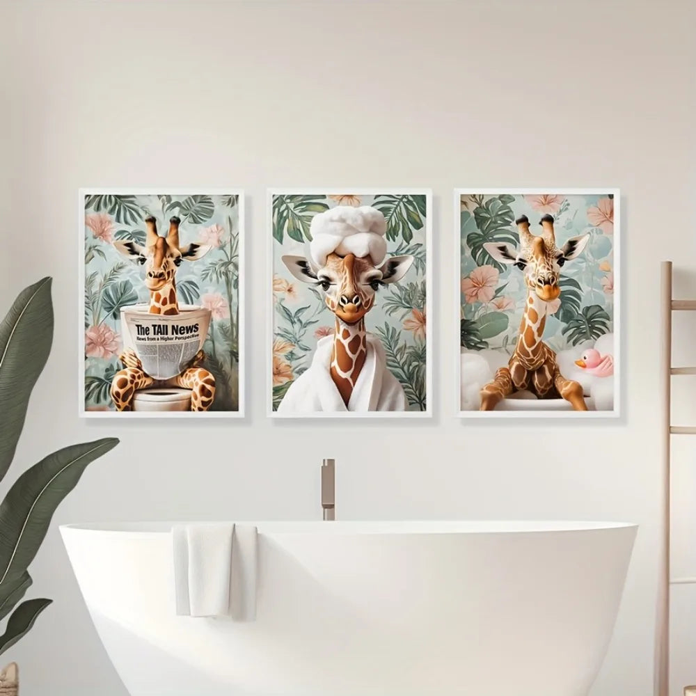 3Pcs Frameless Giraffe Wall Art Whimsical Long-Necked Animal Poster with Floral Background,Bathroom Decor,Modern Farmhouse Style