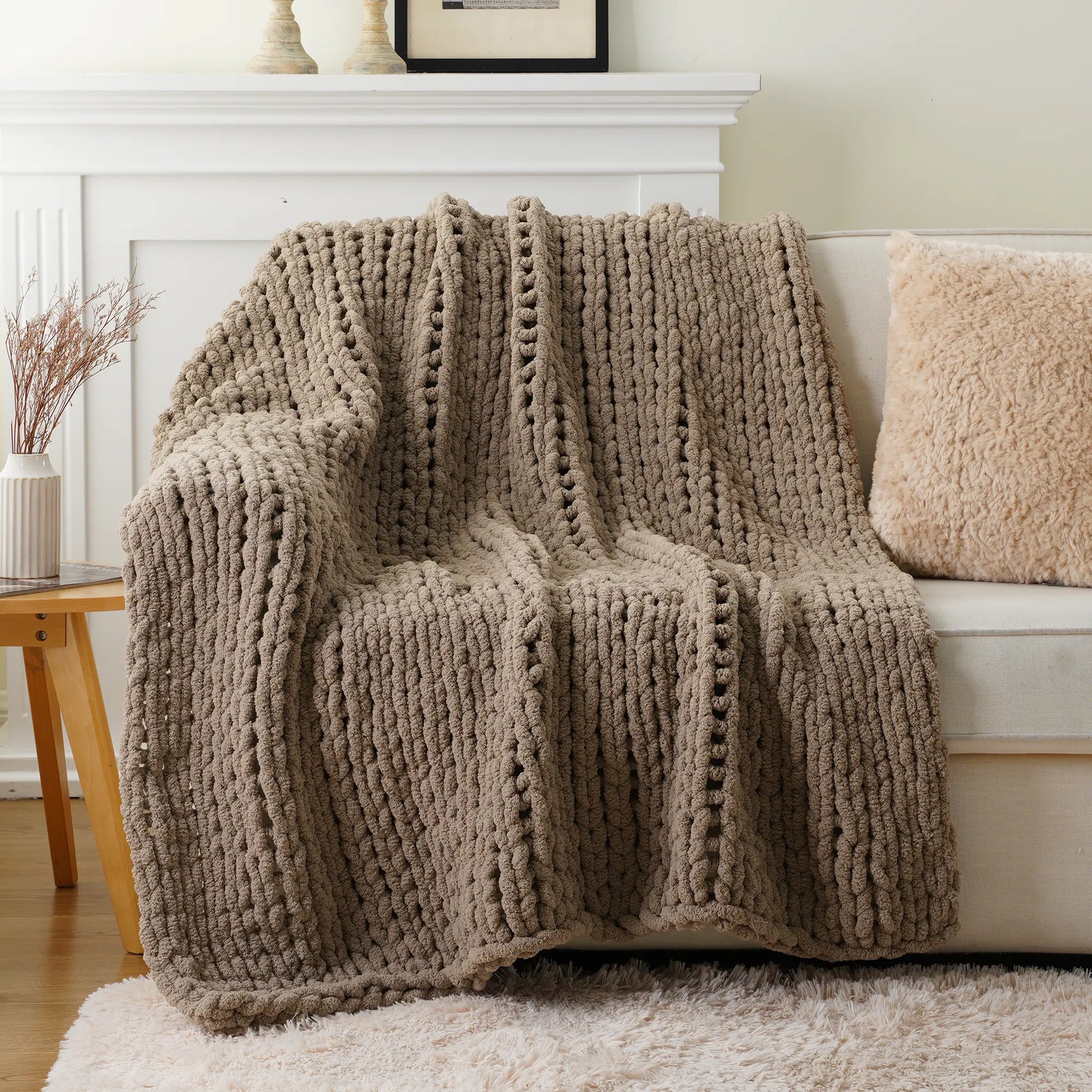 Battilo I Handmade Cable Knit Crochet Blanket, Spring Cozy Rope Knot Chunky Throw Blankets for Couch Home Decor,50"X60"