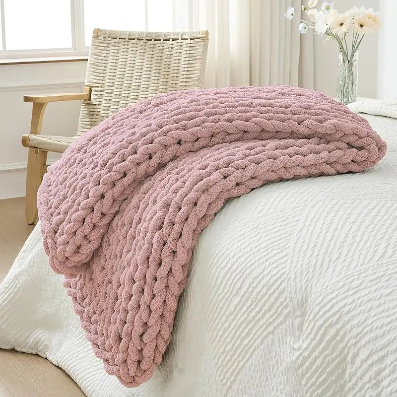 Chunky Knit Throw Blanket for Couch, 40X60 Inches, 100% Hand Knitted with Thick Jumbo Chenille Yarn, Cozy Soft Large Rope Knot Cable Crochet Blankets for Sofa Bed Living Room, Beige