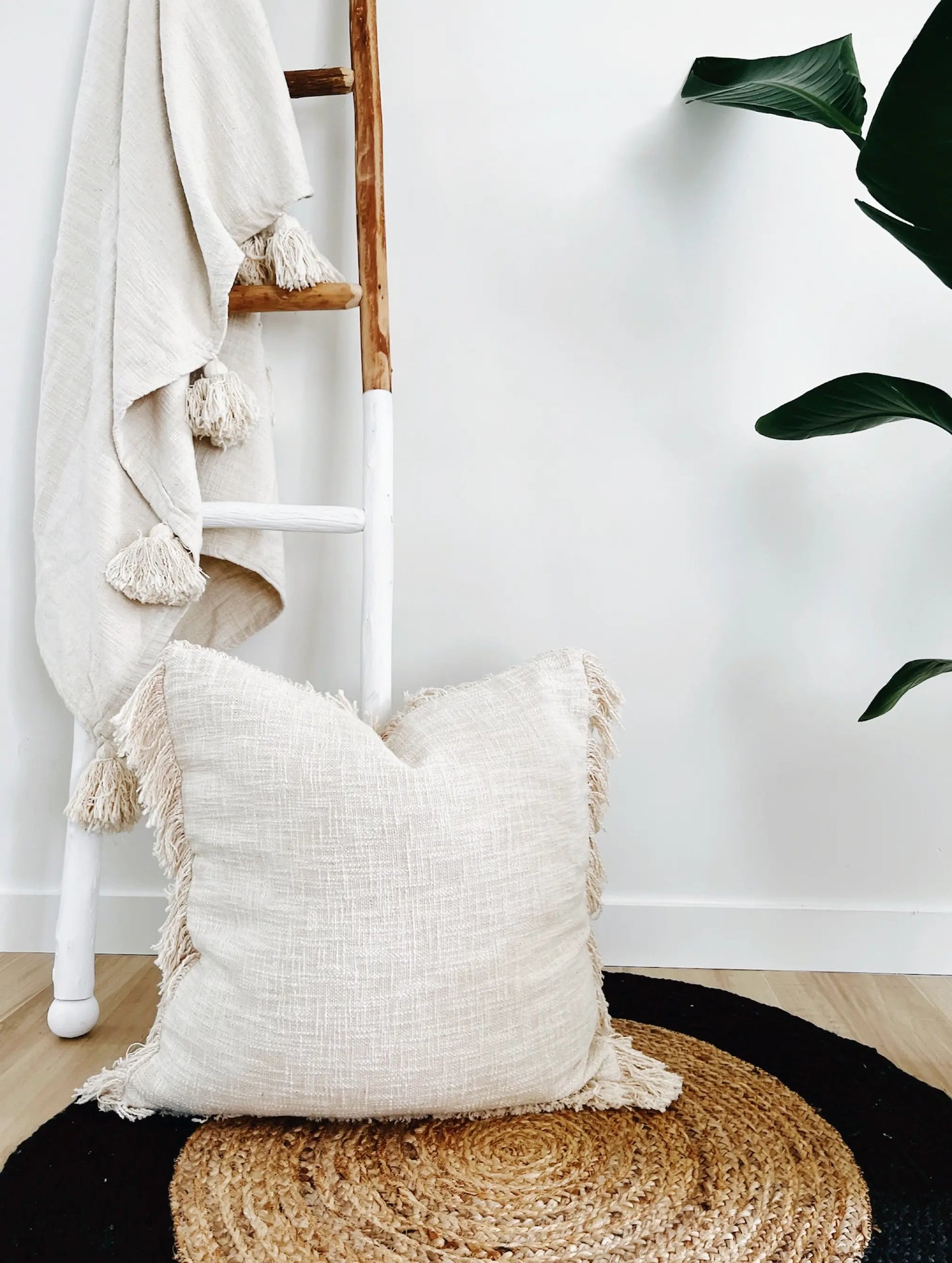 Large Neutral Farmhouse Pillow with Fringes, Oatmeal Soft Decorative Pillow 22"X22", Bohemian Pillow Cover, Euro Sham Ivory Pillow