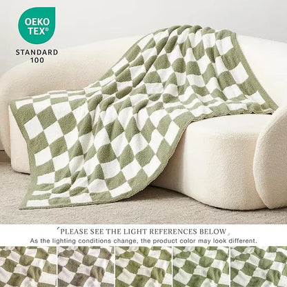 Home Checkered Knitted Throw Blanket - Cozy Fluffy Plaid Blanket for Couch, Bed, and Sofa - Warm Soft Sage Green Design, 50" x 60" for All Seasons