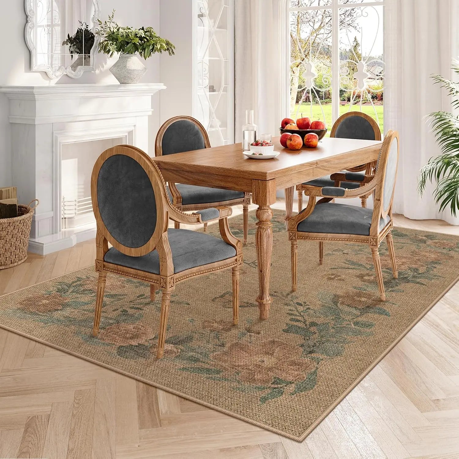 Lahome Floral Easy Jute Indoor Outdoor Rug, Neutral Dining Room Classroom Rug Washable Area Rug for Living Room, Farmhouse Outdoor Patio Rug Non Slip Floor Carpet for Bedroom Office