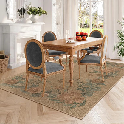 Lahome Floral Easy Jute Indoor Outdoor Rug, Neutral Dining Room Classroom Rug Washable Area Rug for Living Room, Farmhouse Outdoor Patio Rug Non Slip Floor Carpet for Bedroom Office