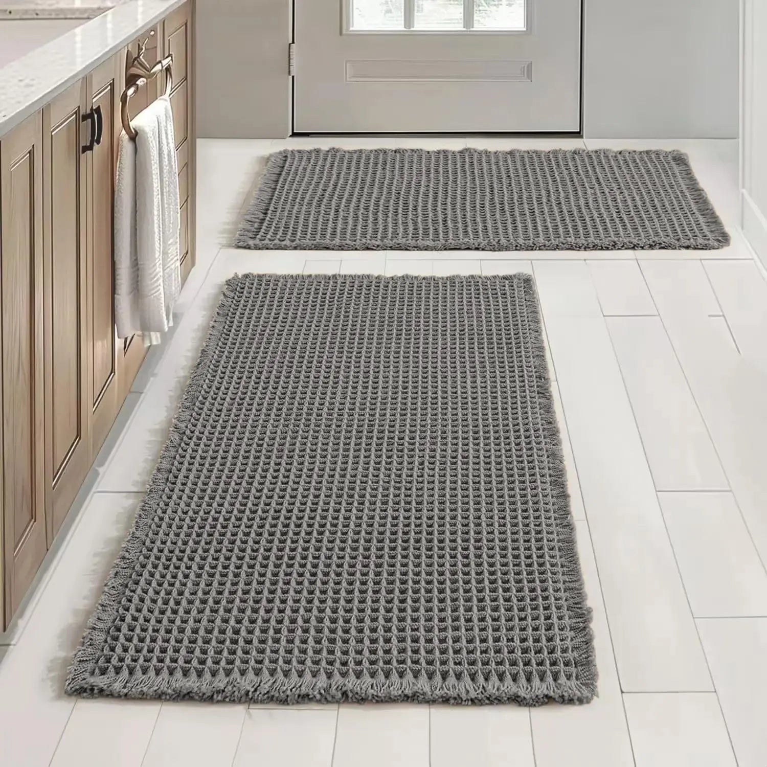 Grid Design Mat Set, 2 Counts/Set Non-Slip Rectangle Mat, Absorbent Rug for Home Hotel Bathroom Kitchen Decor, Bathroom Decorative Mat, Water Absorbent Rug