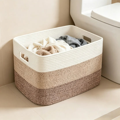 Rectangular Woven Laundry Basket – Cotton Rope Storage Solution for Living Room, Clothes Organization with Handles, Ideal Mother's Day Gift – Gradient Brown