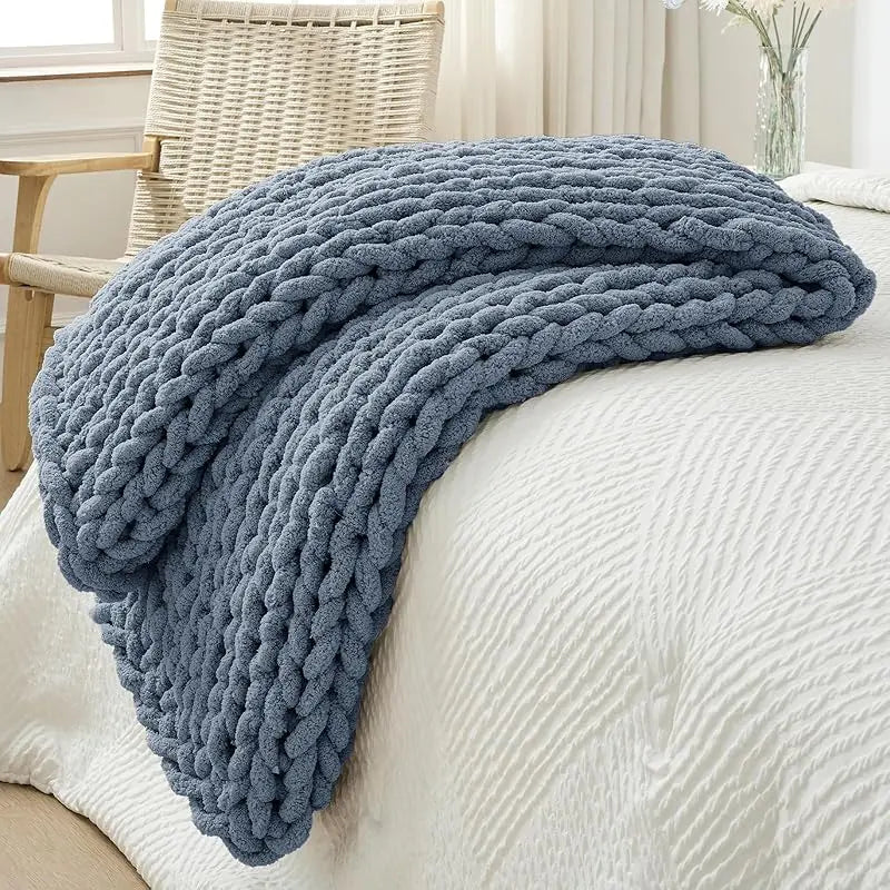 Chunky Knit Throw Blanket for Couch, 40X60 Inches, 100% Hand Knitted with Thick Jumbo Chenille Yarn, Cozy Soft Large Rope Knot Cable Crochet Blankets for Sofa Bed Living Room, Beige
