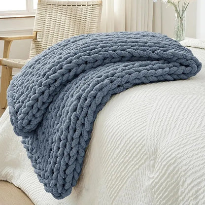 Chunky Knit Throw Blanket for Couch, 40X60 Inches, 100% Hand Knitted with Thick Jumbo Chenille Yarn, Cozy Soft Large Rope Knot Cable Crochet Blankets for Sofa Bed Living Room, Beige