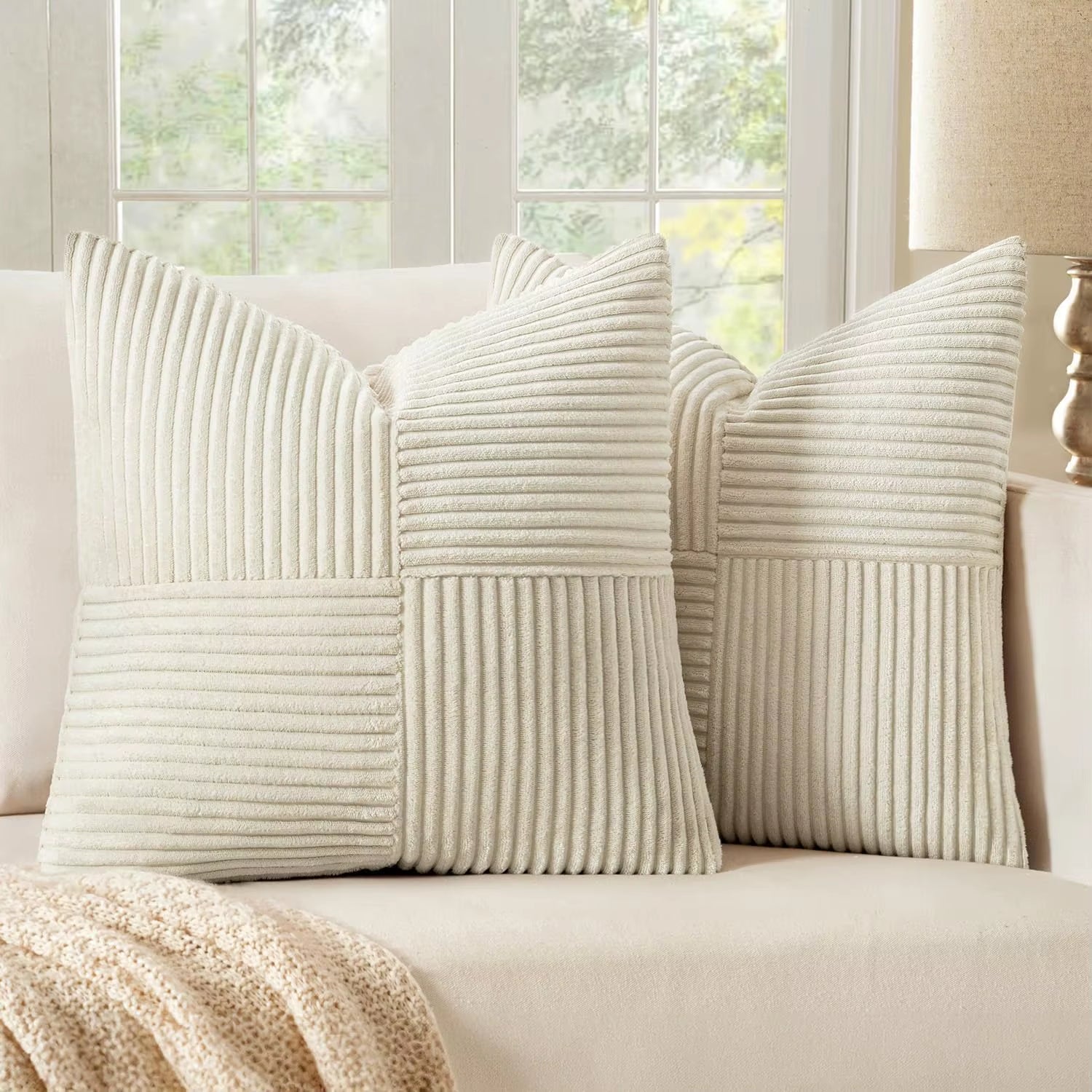 Brown Throw Pillow Covers 45X45Cm Boho Farmhouse Cushion Cases Neutral Gradient Corduroy Pillow Cases with Patchwork Home Decor