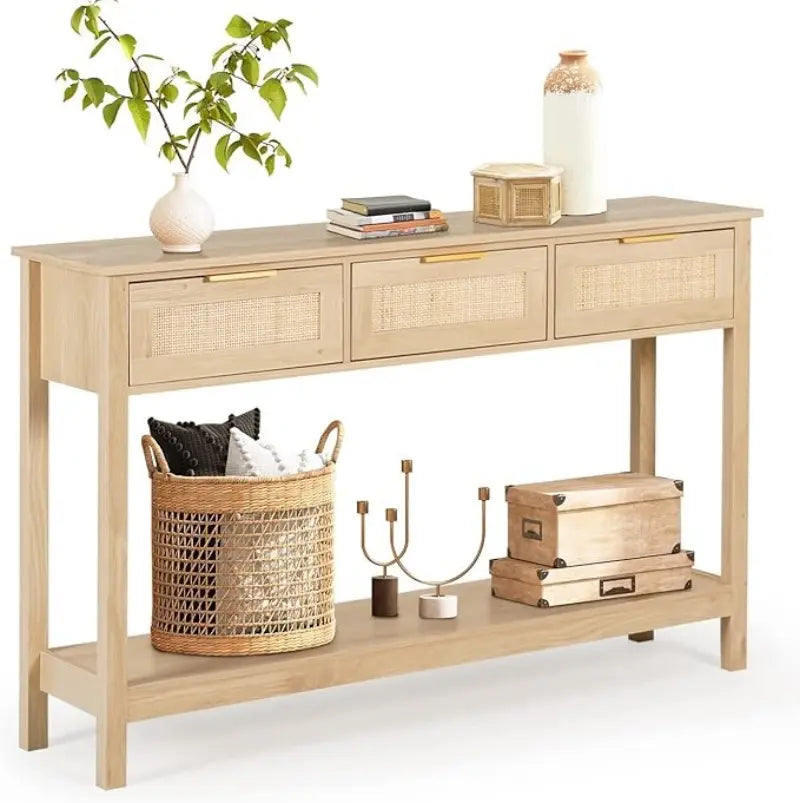 Rattan Console Table,Boho Entryway Table,Narrow Long Sofa Table,Hallway Foyer Table behind Couch Table with 3 Drawers, and Open Storage Shelf for Living Room and Corridor Furniture Home