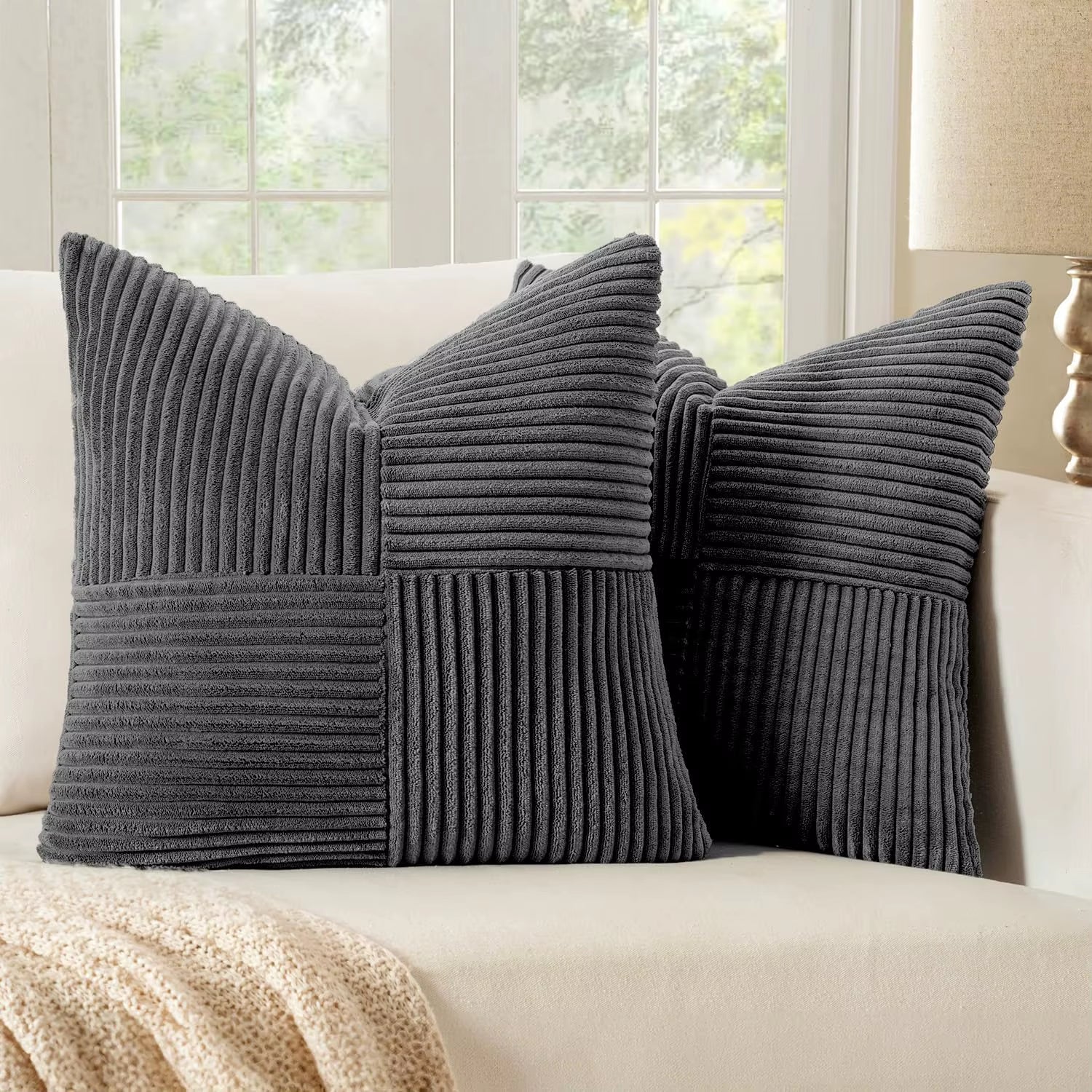 Brown Throw Pillow Covers 45X45Cm Boho Farmhouse Cushion Cases Neutral Gradient Corduroy Pillow Cases with Patchwork Home Decor
