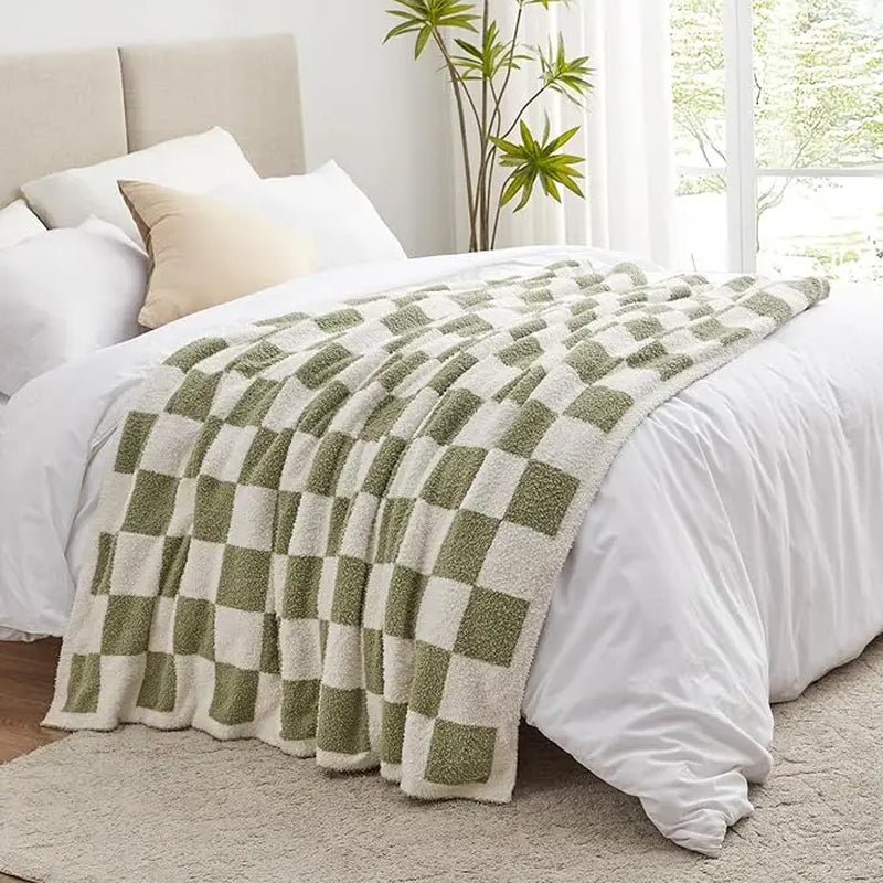 Home Checkered Knitted Throw Blanket - Cozy Fluffy Plaid Blanket for Couch, Bed, and Sofa - Warm Soft Sage Green Design, 50" x 60" for All Seasons