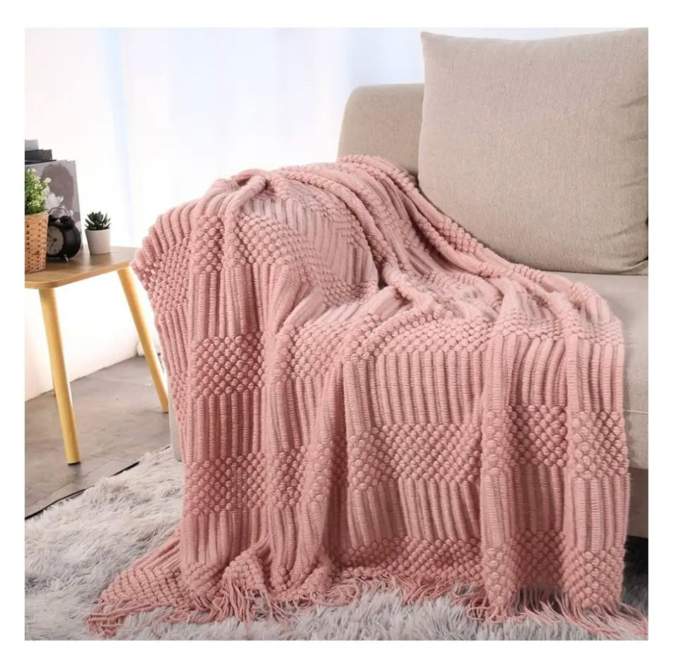 Pink Cozy Textured Knitted Blanket Throw Big Blanket