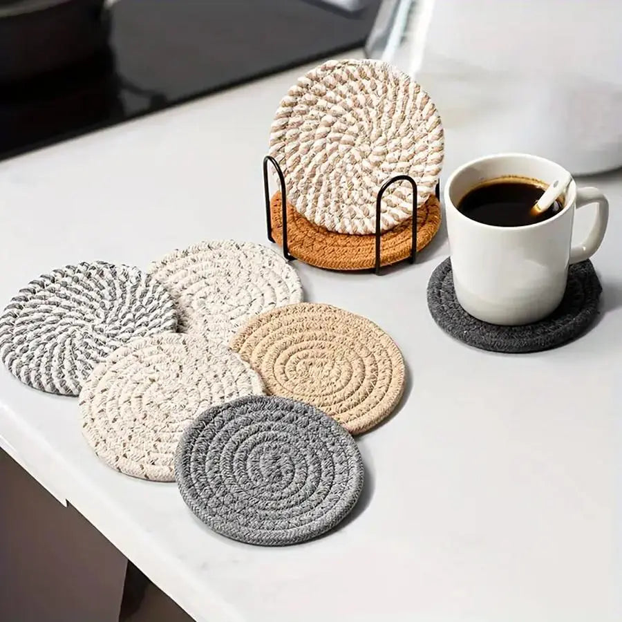 Round Drink Coaster, 8 Counts/Set Boho Non-Slip Heat Resistant Placemat, Household Water Absorbent Table Mat for Home Kitchen Dining Room
