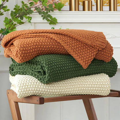Chunky Knit Throw Blanket Lightweight Beige Cotton Blanket for Sofa Couch Bed , Rustic Shabby Chic Modern Farmhouse, 51 X 63 Give Bag