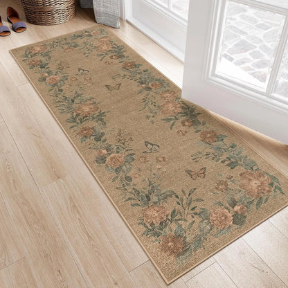 Lahome Floral Easy Jute Indoor Outdoor Rug, Neutral Dining Room Classroom Rug Washable Area Rug for Living Room, Farmhouse Outdoor Patio Rug Non Slip Floor Carpet for Bedroom Office