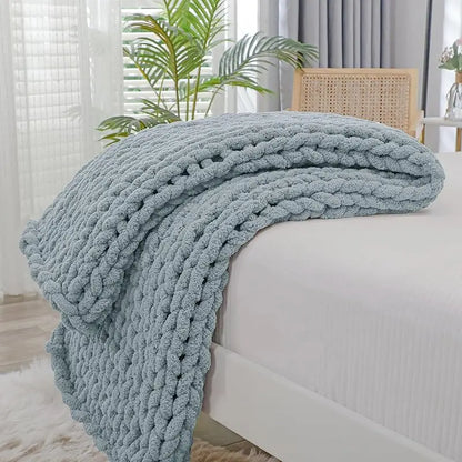 Chunky Knit Throw Blanket for Couch, 40X60 Inches, 100% Hand Knitted with Thick Jumbo Chenille Yarn, Cozy Soft Large Rope Knot Cable Crochet Blankets for Sofa Bed Living Room, Beige