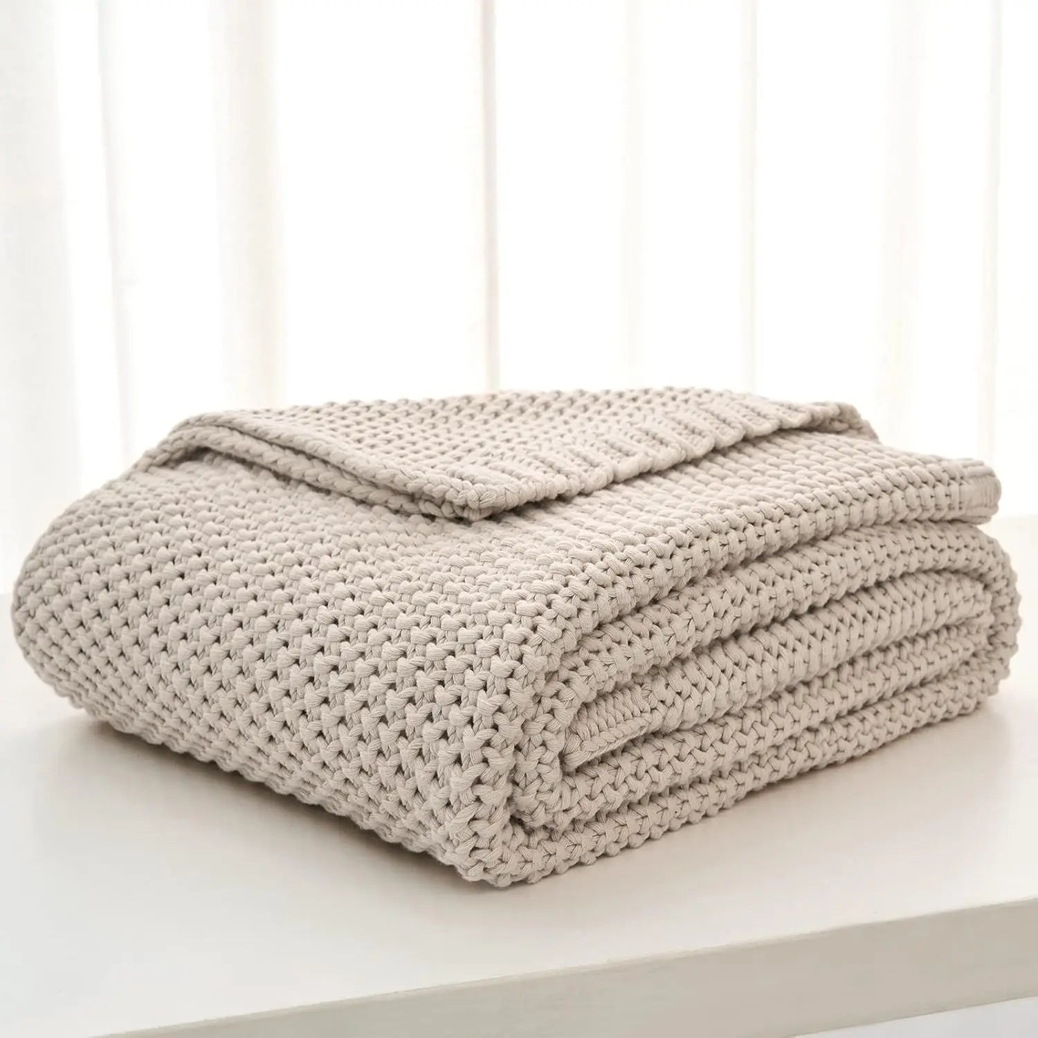Chunky Knit Throw Blanket Lightweight Beige Cotton Blanket for Sofa Couch Bed , Rustic Shabby Chic Modern Farmhouse, 51 X 63 Give Bag