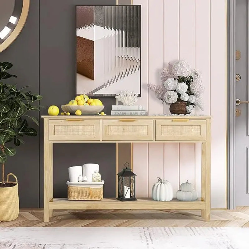 Rattan Console Table,Boho Entryway Table,Narrow Long Sofa Table,Hallway Foyer Table behind Couch Table with 3 Drawers, and Open Storage Shelf for Living Room and Corridor Furniture Home