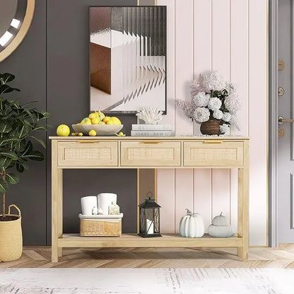 Rattan Console Table,Boho Entryway Table,Narrow Long Sofa Table,Hallway Foyer Table behind Couch Table with 3 Drawers, and Open Storage Shelf for Living Room and Corridor Furniture Home