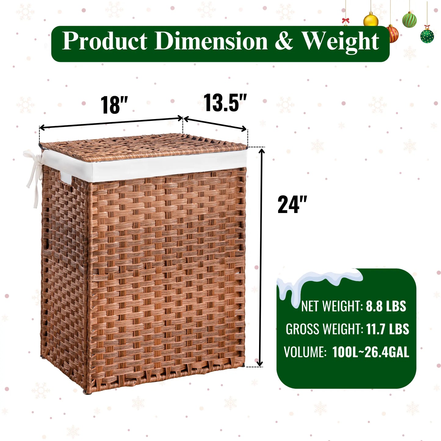Laundry Hamper with Lid PE Rattan Powder Coating Frame Clothes Hampers with 01 Removable Bags, 100L, Bulldog Hitch Basket Storage Organize Furniture