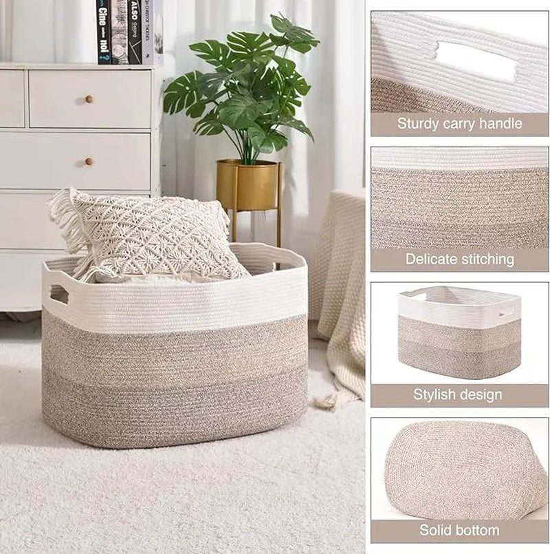 Rectangular Woven Laundry Basket – Cotton Rope Storage Solution for Living Room, Clothes Organization with Handles, Ideal Mother's Day Gift – Gradient Brown