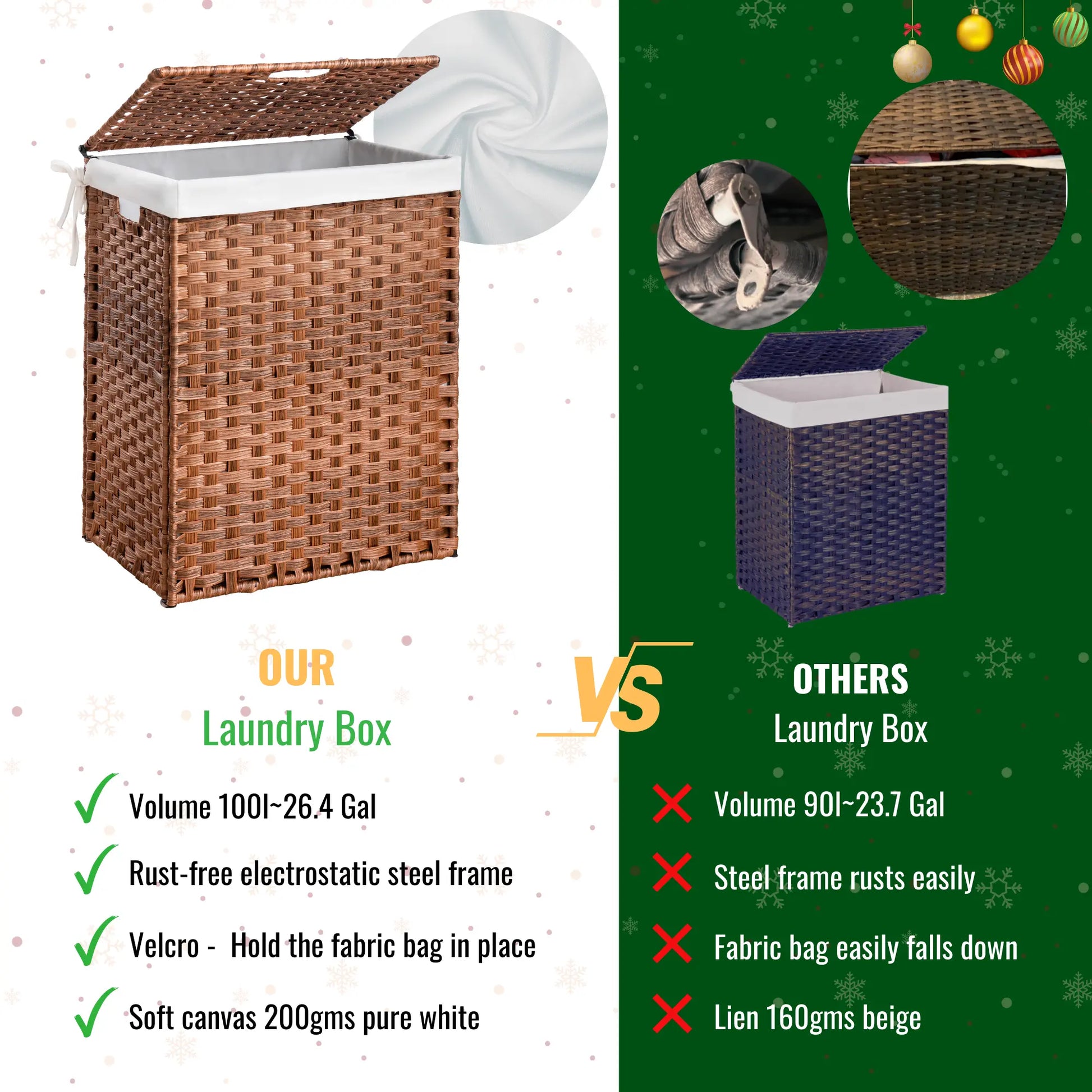Laundry Hamper with Lid PE Rattan Powder Coating Frame Clothes Hampers with 01 Removable Bags, 100L, Bulldog Hitch Basket Storage Organize Furniture