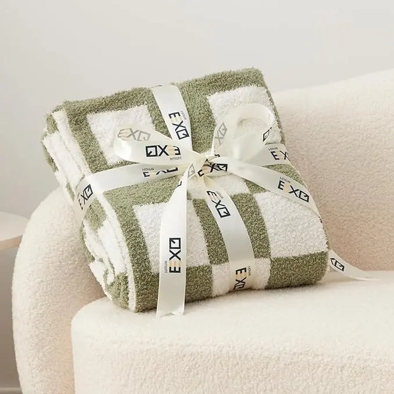 Home Checkered Knitted Throw Blanket - Cozy Fluffy Plaid Blanket for Couch, Bed, and Sofa - Warm Soft Sage Green Design, 50" x 60" for All Seasons