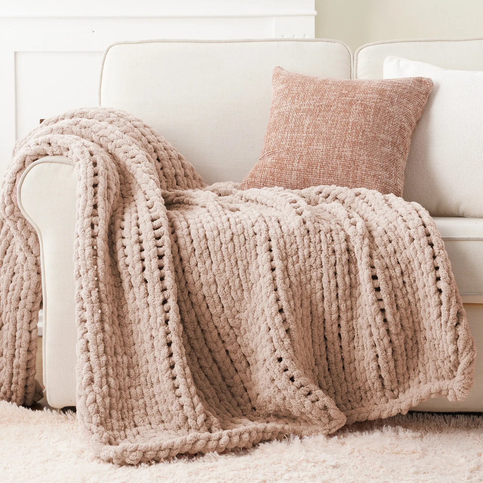 Battilo I Handmade Cable Knit Crochet Blanket, Spring Cozy Rope Knot Chunky Throw Blankets for Couch Home Decor,50"X60"