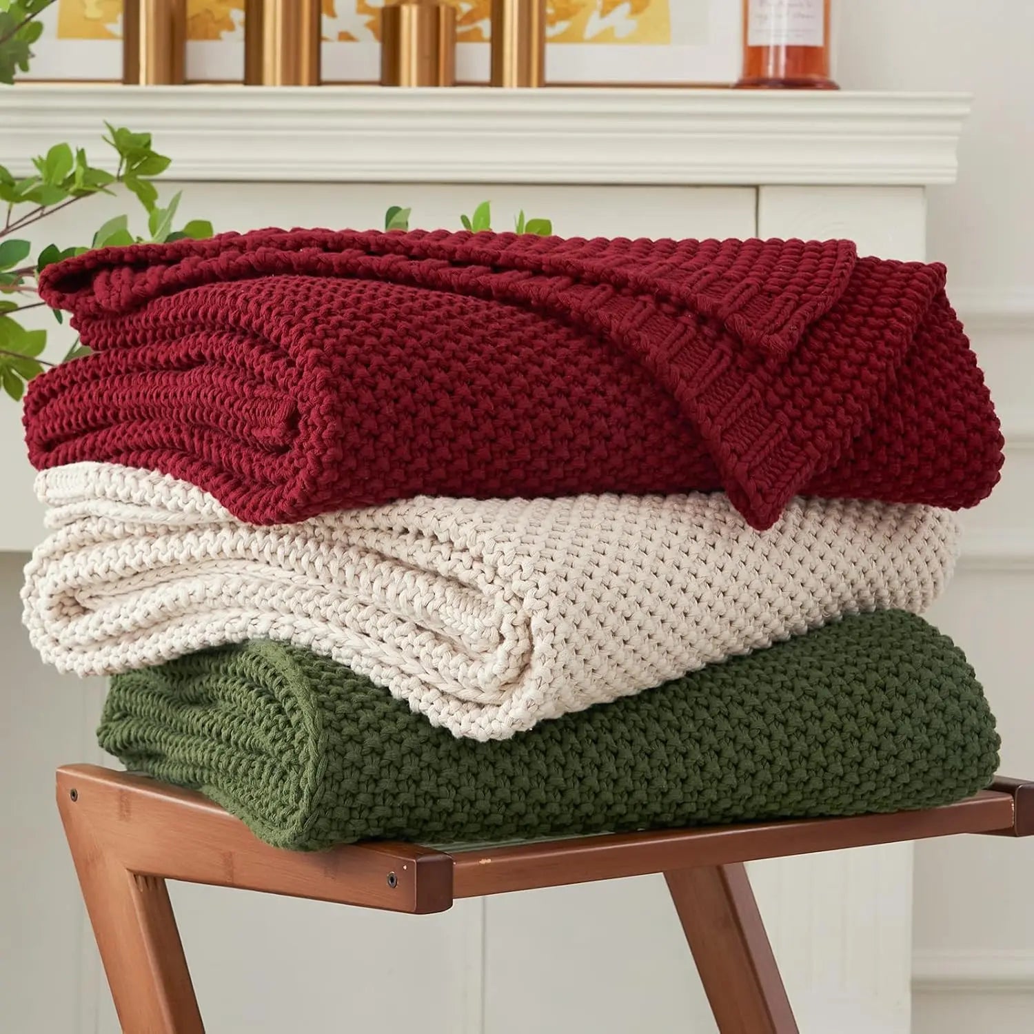 Chunky Knit Throw Blanket Lightweight Beige Cotton Blanket for Sofa Couch Bed , Rustic Shabby Chic Modern Farmhouse, 51 X 63 Give Bag