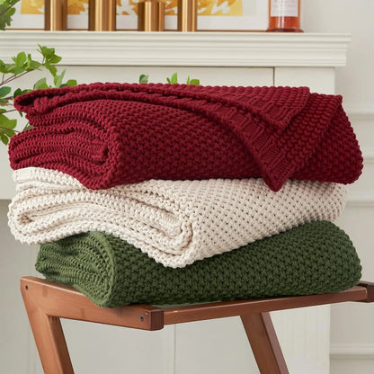 Chunky Knit Throw Blanket Lightweight Beige Cotton Blanket for Sofa Couch Bed , Rustic Shabby Chic Modern Farmhouse, 51 X 63 Give Bag