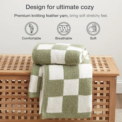Home Checkered Knitted Throw Blanket - Cozy Fluffy Plaid Blanket for Couch, Bed, and Sofa - Warm Soft Sage Green Design, 50" x 60" for All Seasons