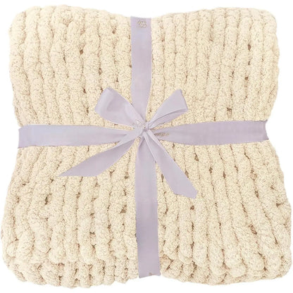 Chunky Knit Throw Blanket for Couch, 40X60 Inches, 100% Hand Knitted with Thick Jumbo Chenille Yarn, Cozy Soft Large Rope Knot Cable Crochet Blankets for Sofa Bed Living Room, Beige