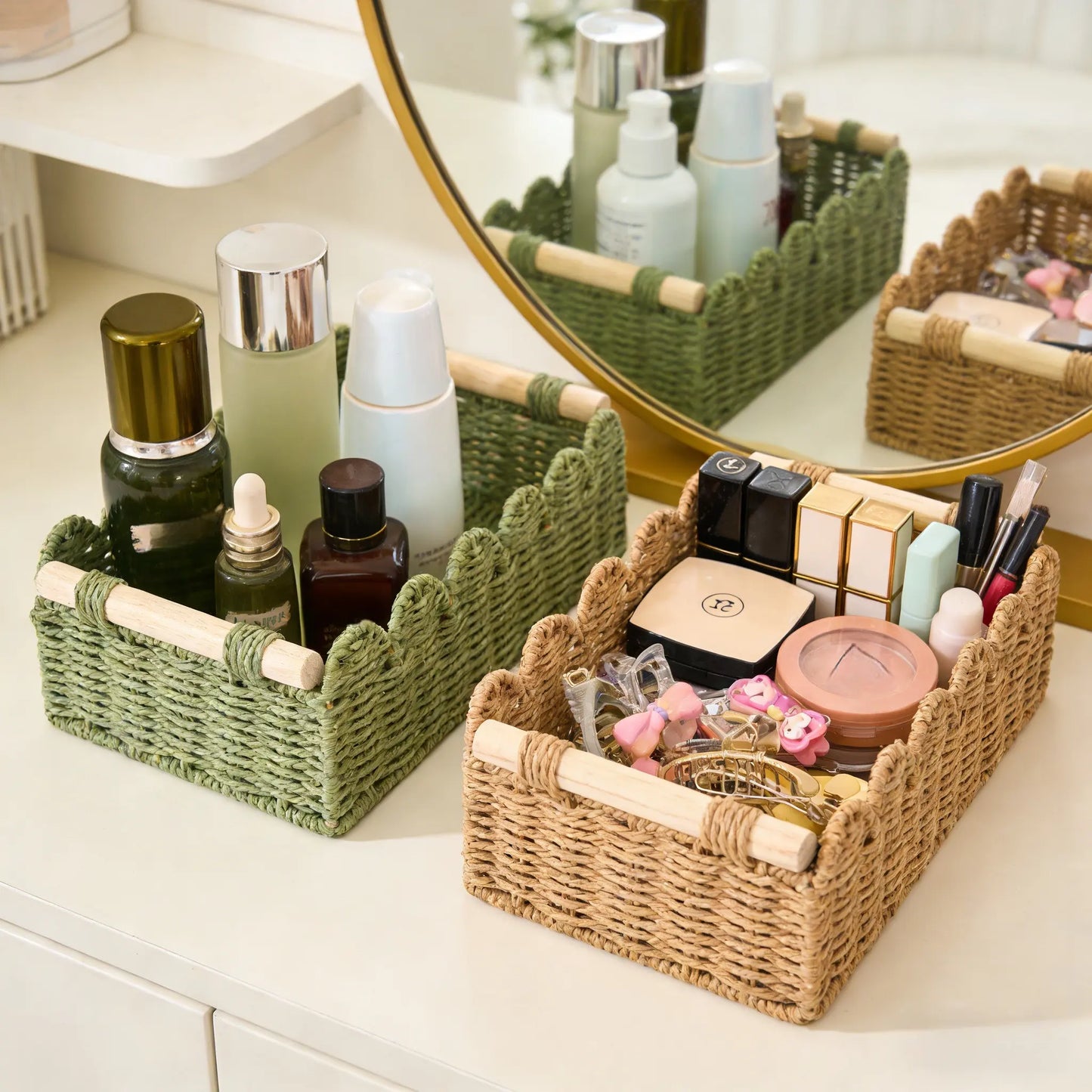 Handwoven Storage Basket with Fan Edge Design, Rattan Basket, Wicker Storage Basket, Natural Material for Toilet Tank Top Shelf, Bathroom Living Room Bedroom Decor Accessories, Handmade Rattan Baskets
